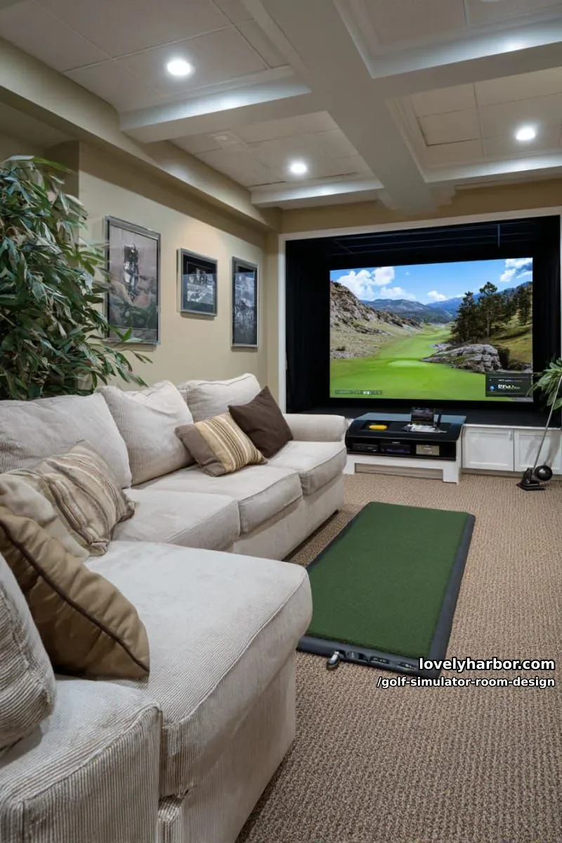 15 Chic Golf Simulator Room Designs to Help Update Your Space! 7 home golf theatre merging simulator, plush sectional sofa, and wall-sized screen 1