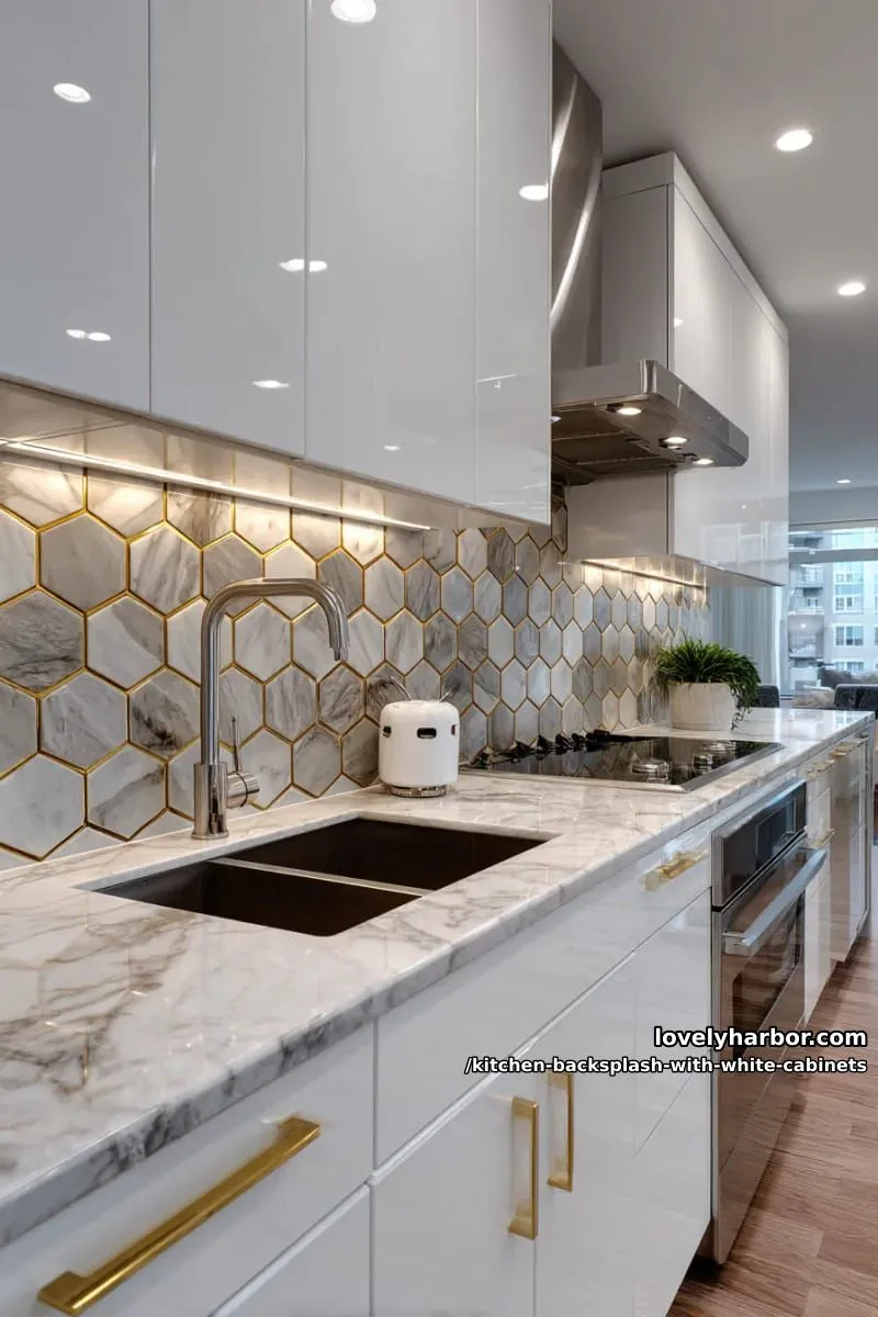 honeycomb marble tiles with gold grout accents for geometric elegance 1
