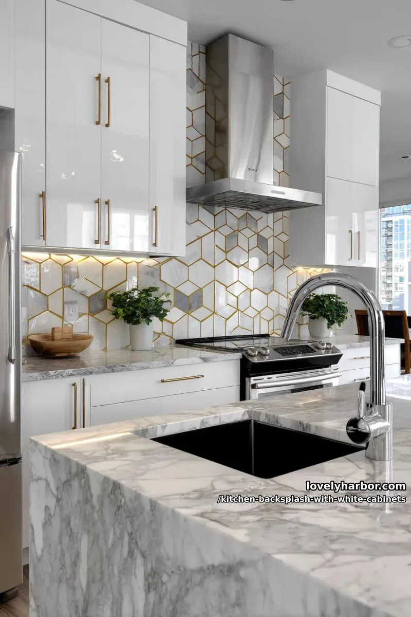 honeycomb marble tiles with gold grout accents for geometric elegance 1