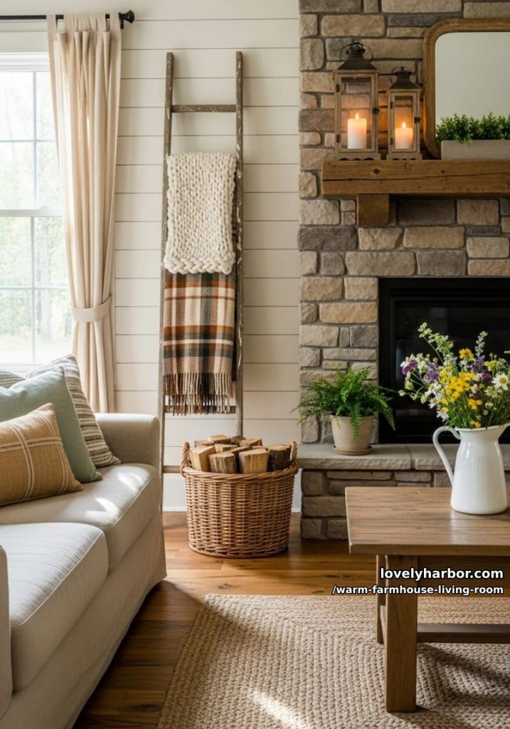 Apartment 1 incorporate a farmhouse ladder draped with cozy blankets beside a basket of firewood 24