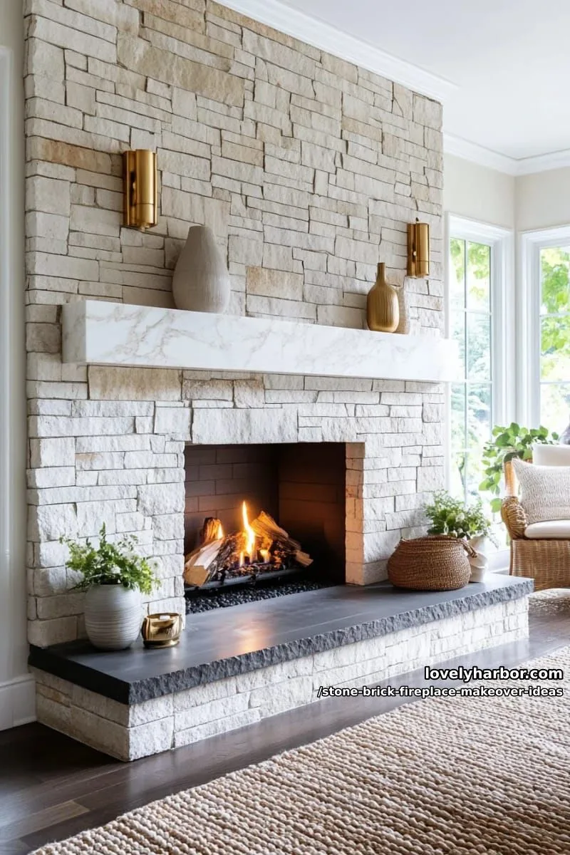 incorporate sleek marble slabs into brick for a luxe, updated fireplace face. 1