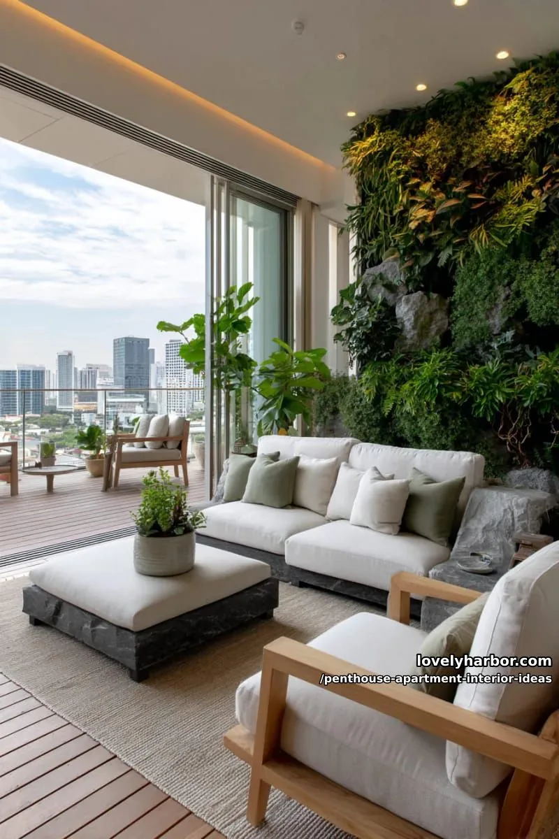 29 Stunning Penthouse Apartment Interior Design Ideas for a Fresh New Look 26 indoor-outdoor terrace lounge with lush vertical garden wall 1