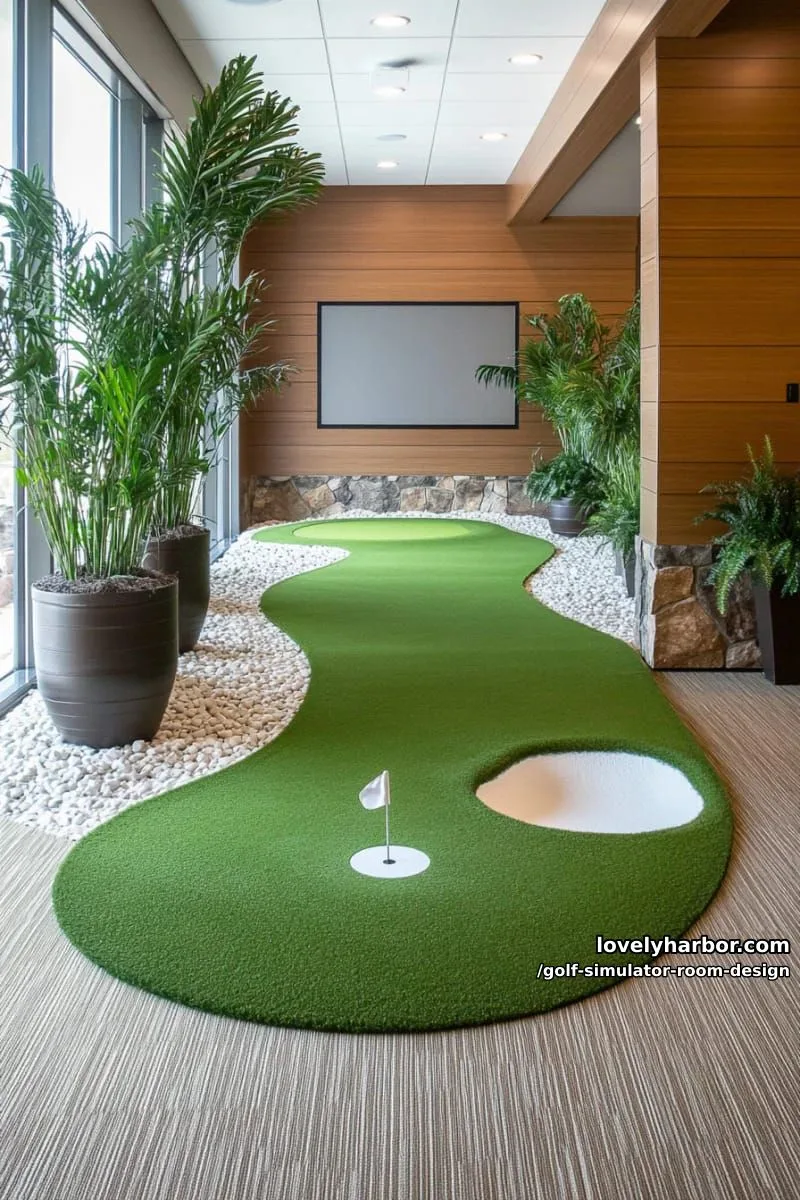 15 Chic Golf Simulator Room Designs to Help Update Your Space! 8 indoor putting green integrated with stone accents and live potted plants 1