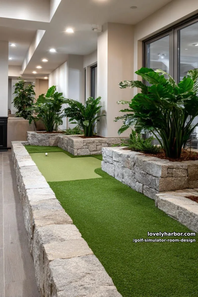 15 Chic Golf Simulator Room Designs to Help Update Your Space! 9 indoor putting green integrated with stone accents and live potted plants 1