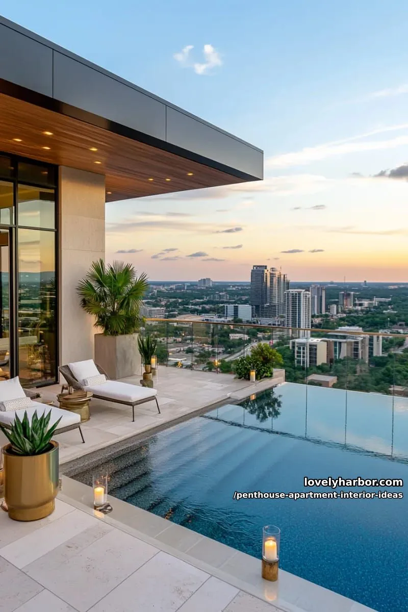 29 Stunning Penthouse Apartment Interior Design Ideas for a Fresh New Look 16 infinity edge rooftop pool with glass perimeter and skyline backdrop 1