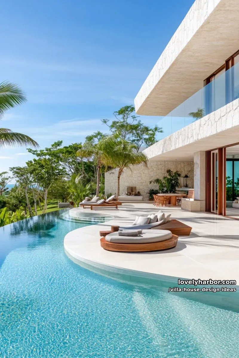 infinity pool wrapping around the villa with sunken lounge seating inside 1