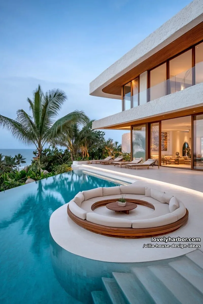 infinity pool wrapping around the villa with sunken lounge seating inside 1