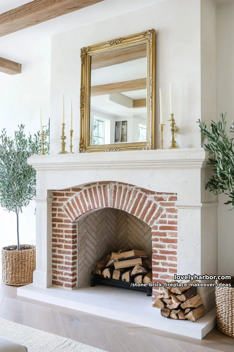 install herringbone patterned brick with stone mantle for a timeless european look. 1