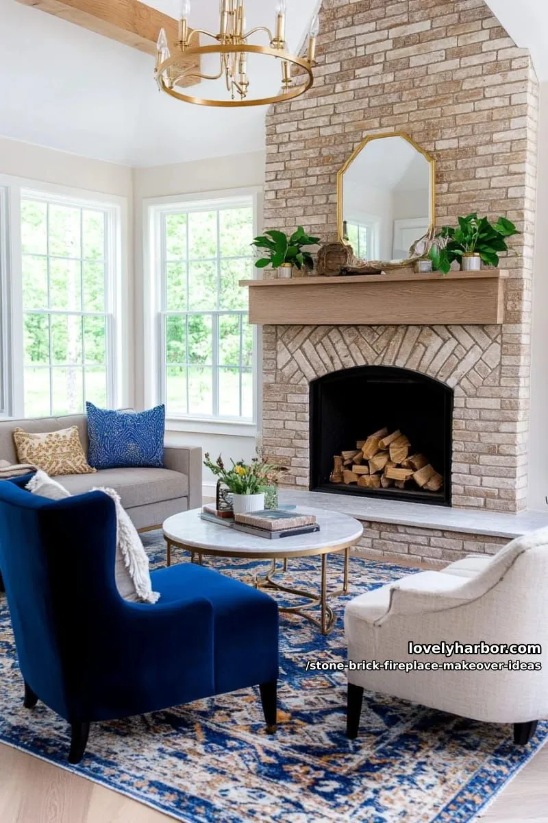 install herringbone patterned brick with stone mantle for a timeless european look. 1