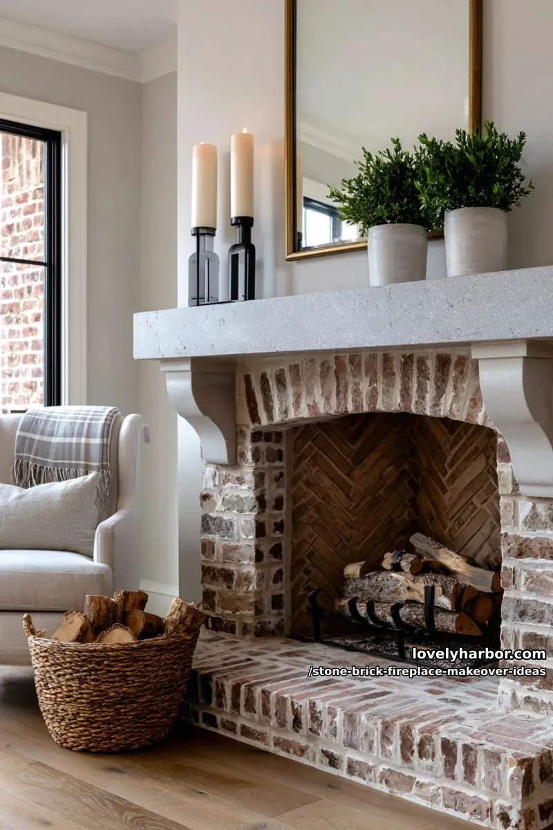 install herringbone patterned brick with stone mantle for a timeless european look. 1