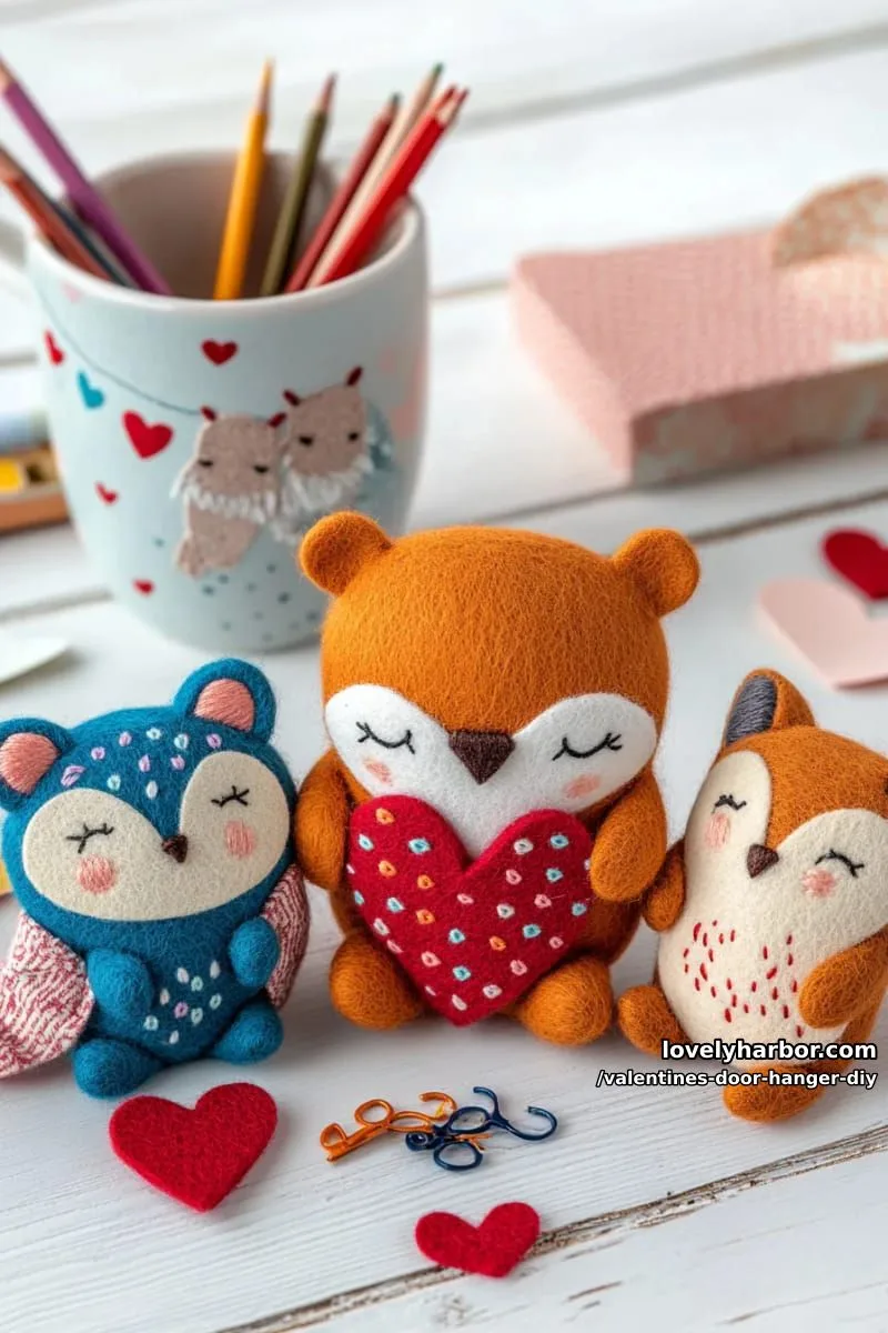 kids valentines crafts: felt critters holding tiny heart banners 1