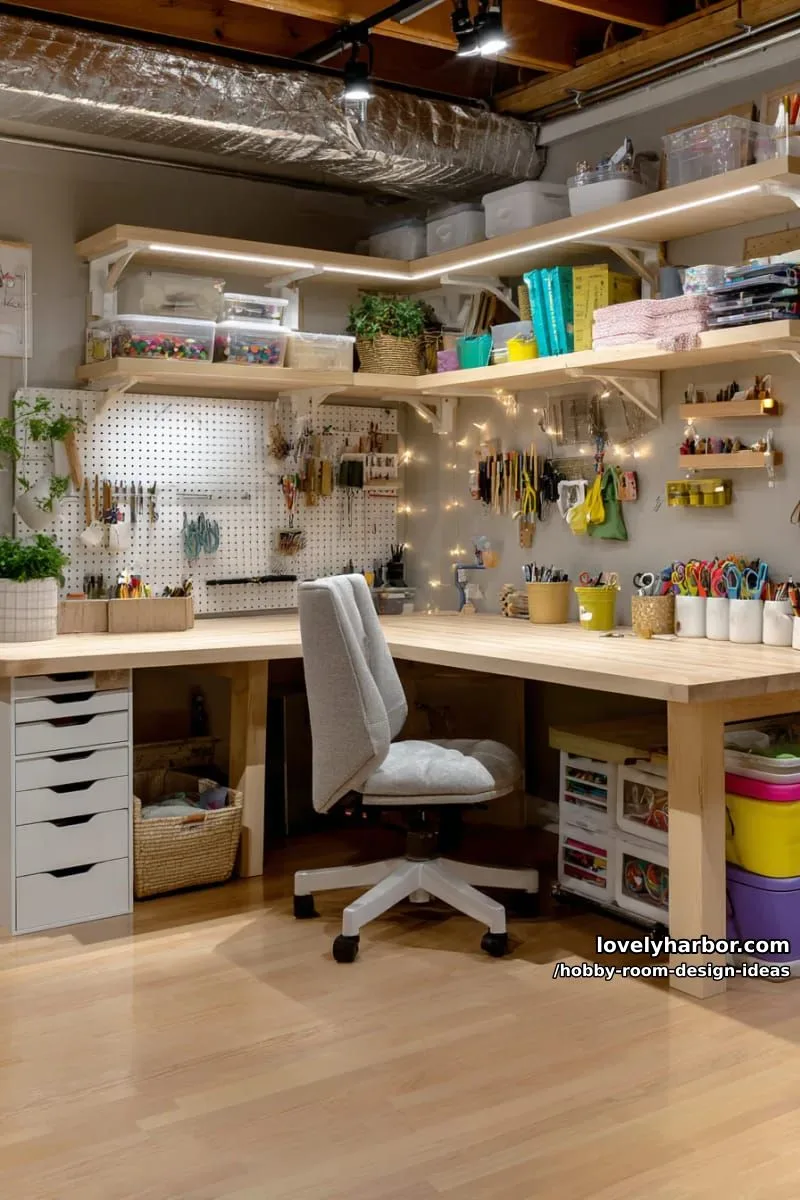 15 Inspiring Hobby Room Design Ideas You’ll Love 31 l-shaped workstation with custom lighting and built-in cubby storage 1