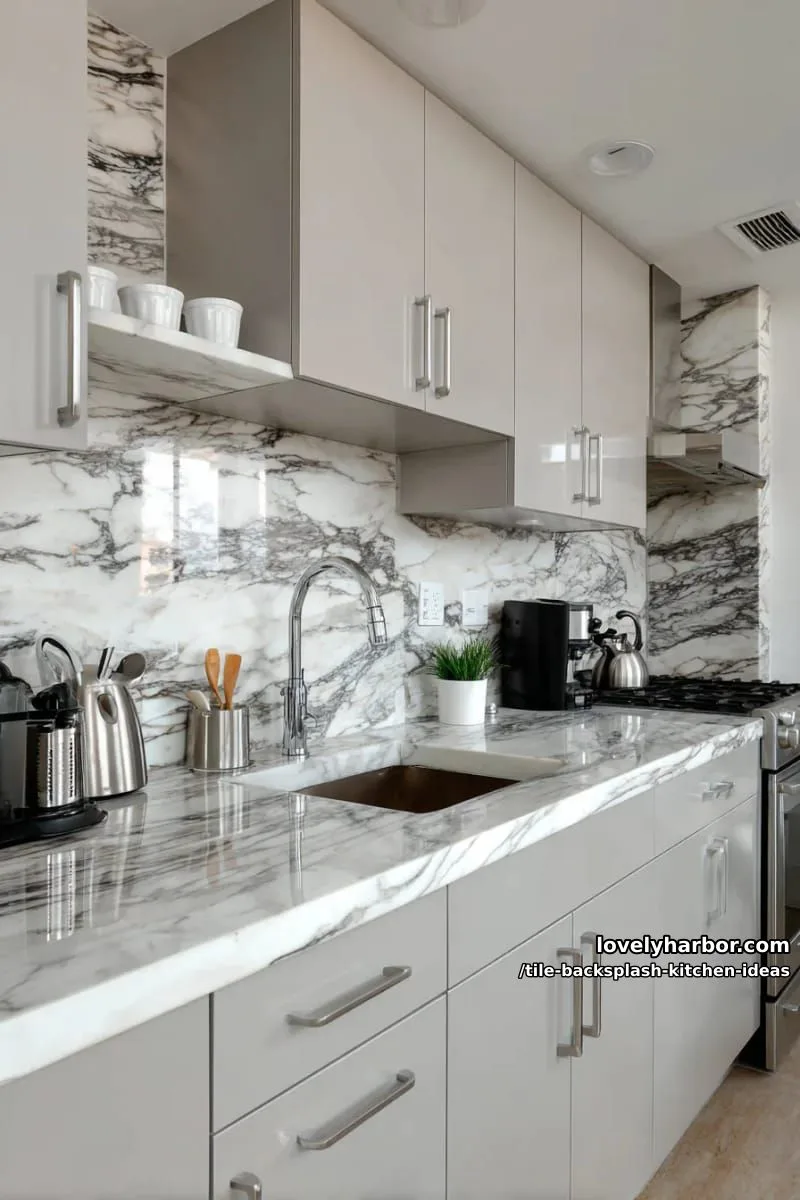 15 Tile Backsplash Ideas for a Stylish Kitchen 14 large-format marble tiles with dramatic veining for a statement backsplash 1
