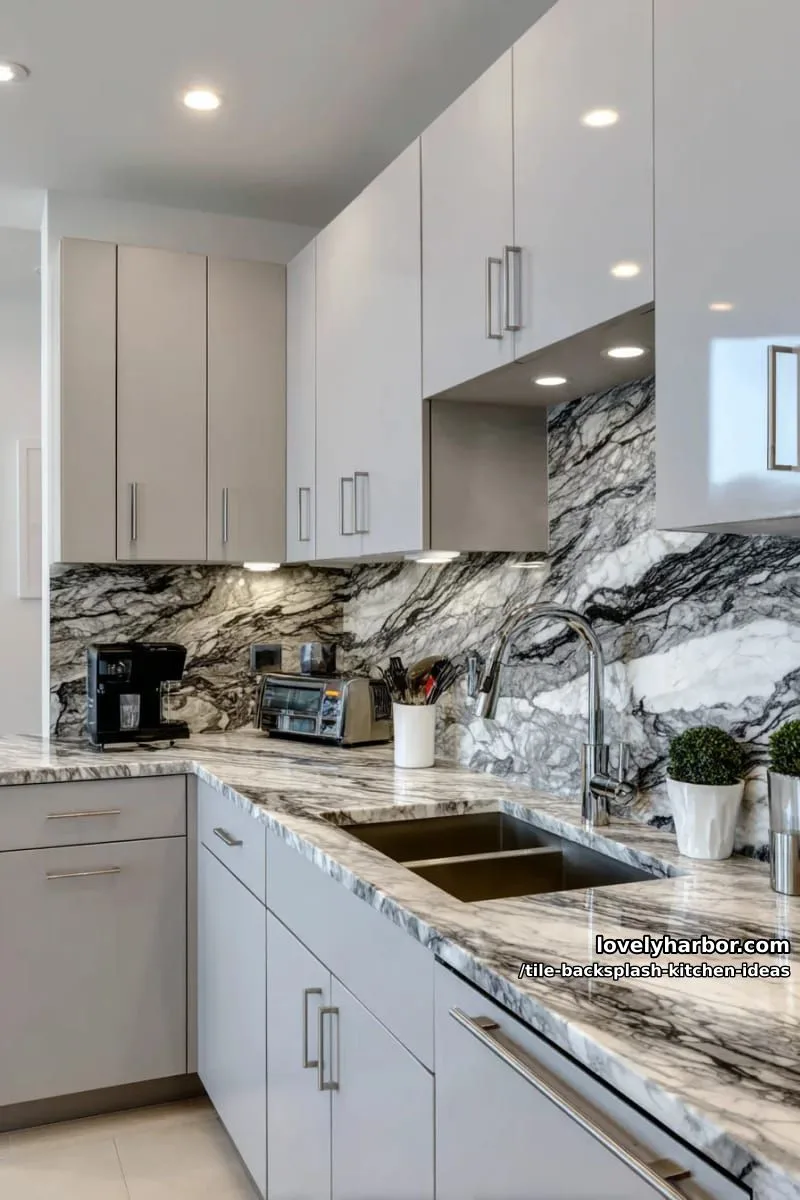 15 Tile Backsplash Ideas for a Stylish Kitchen 15 large-format marble tiles with dramatic veining for a statement backsplash 1