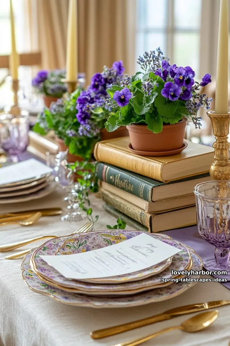 lavender and yellow palette with vintage books and potted violets as accents 1