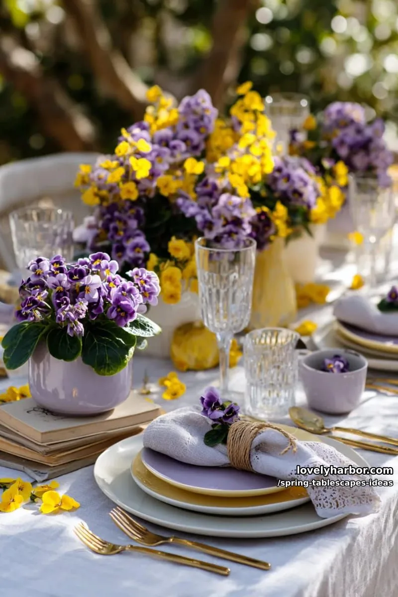 lavender and yellow palette with vintage books and potted violets as accents 1