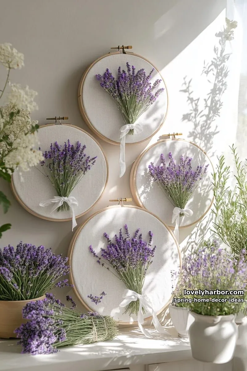 27 Gorgeous Spring Decor Ideas to Brighten Your Home 26 lavender-filled hanging wall embroidery hoops as an aromatic spring touch 1