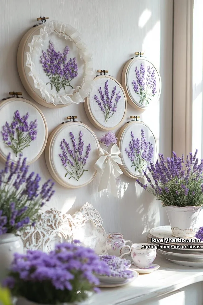 27 Gorgeous Spring Decor Ideas to Brighten Your Home 27 lavender-filled hanging wall embroidery hoops as an aromatic spring touch 1