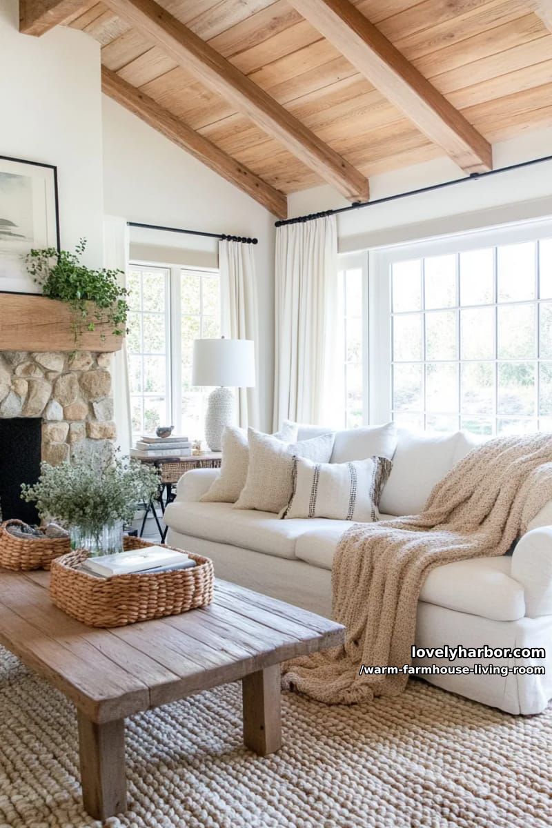 15 Ways to Style a Warm Farmhouse Living Room 3 layer chunky knit throws over a linen slipcovered sofa with wood beam ceilings 1