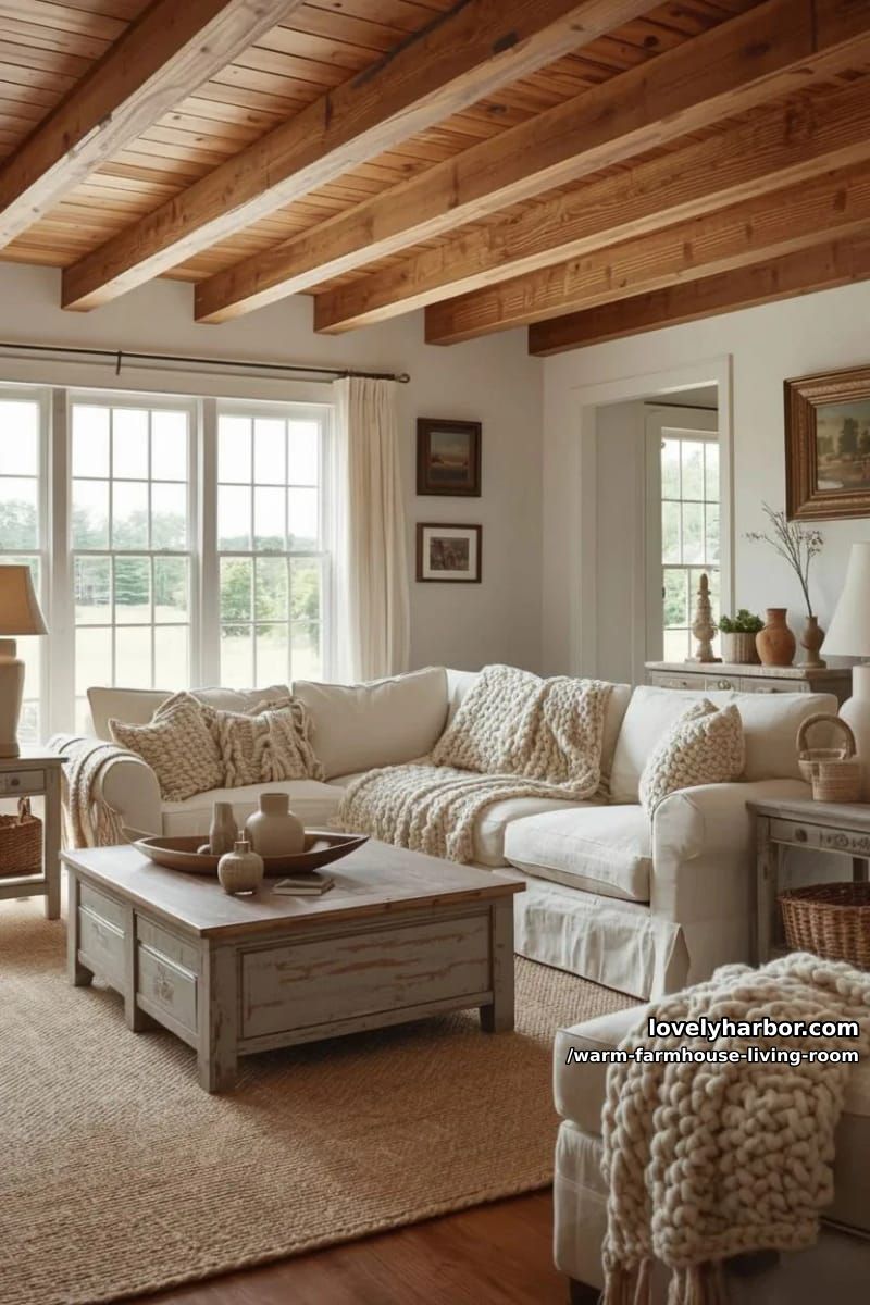 15 Ways to Style a Warm Farmhouse Living Room 4 layer chunky knit throws over a linen slipcovered sofa with wood beam ceilings 1