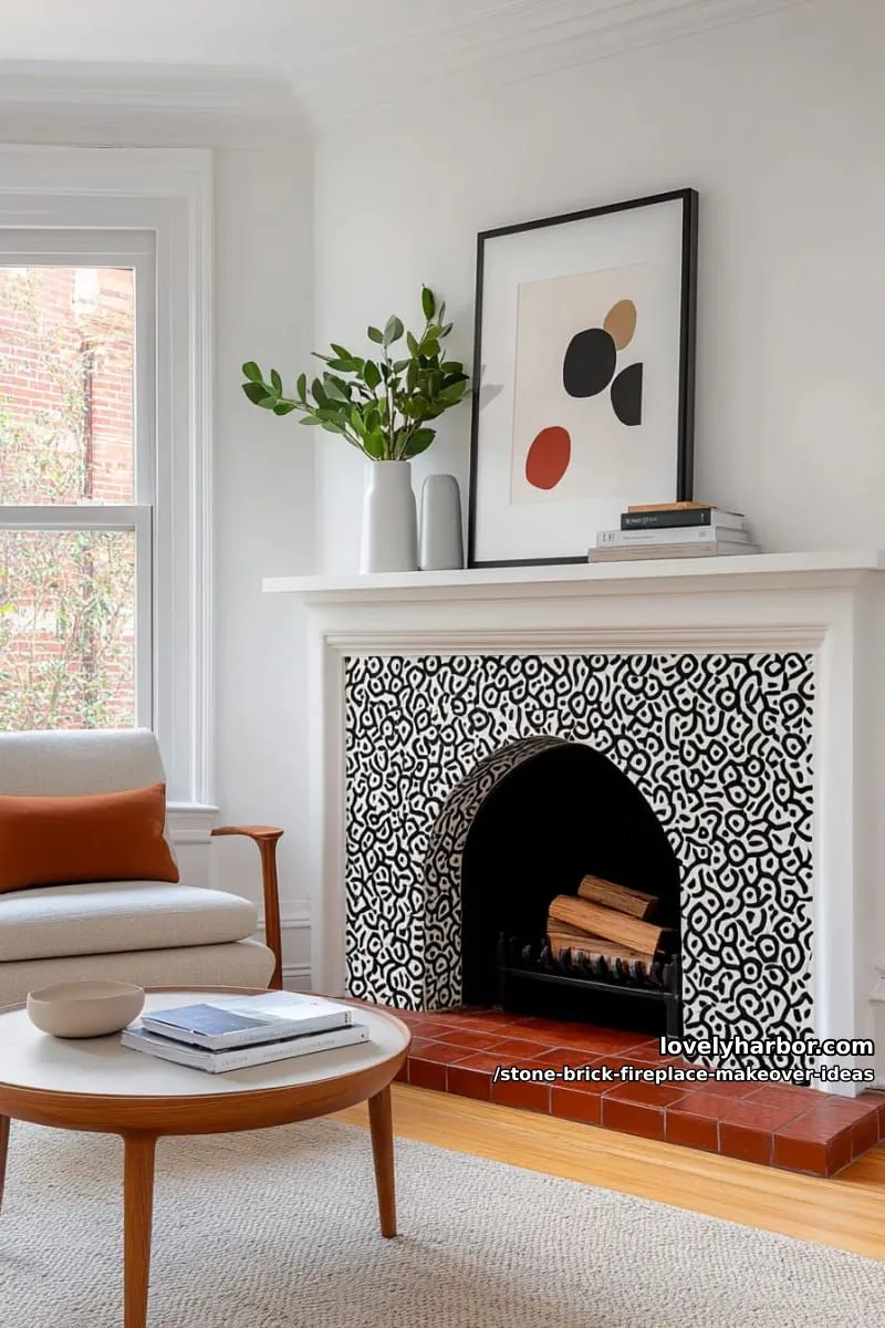 layer geometric patterned tiles over brick for a bold contemporary statement. 1