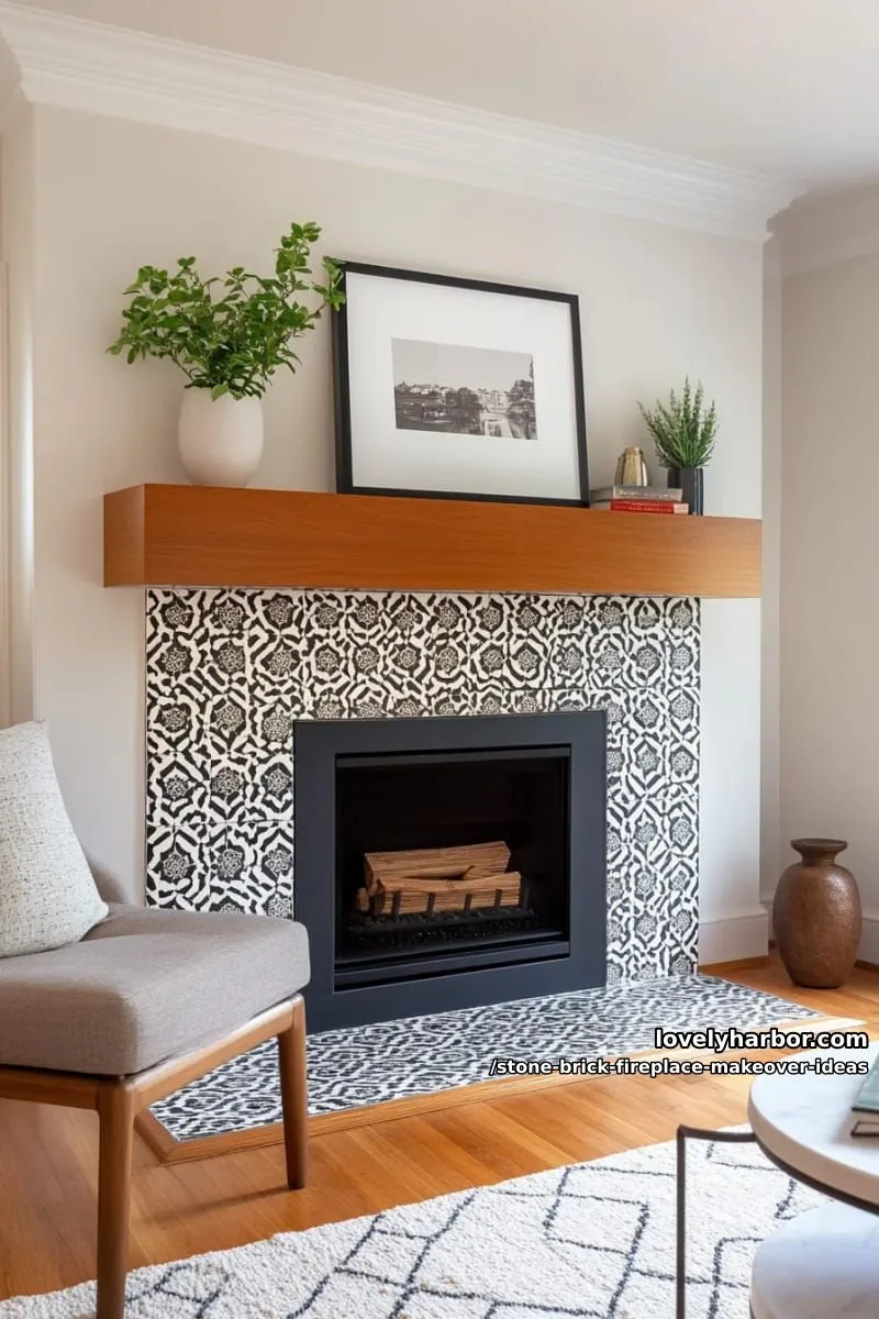layer geometric patterned tiles over brick for a bold contemporary statement. 1