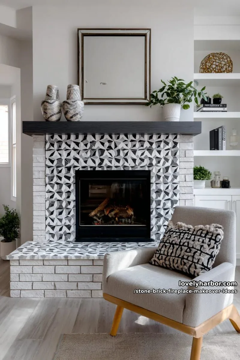 layer geometric patterned tiles over brick for a bold contemporary statement. 1