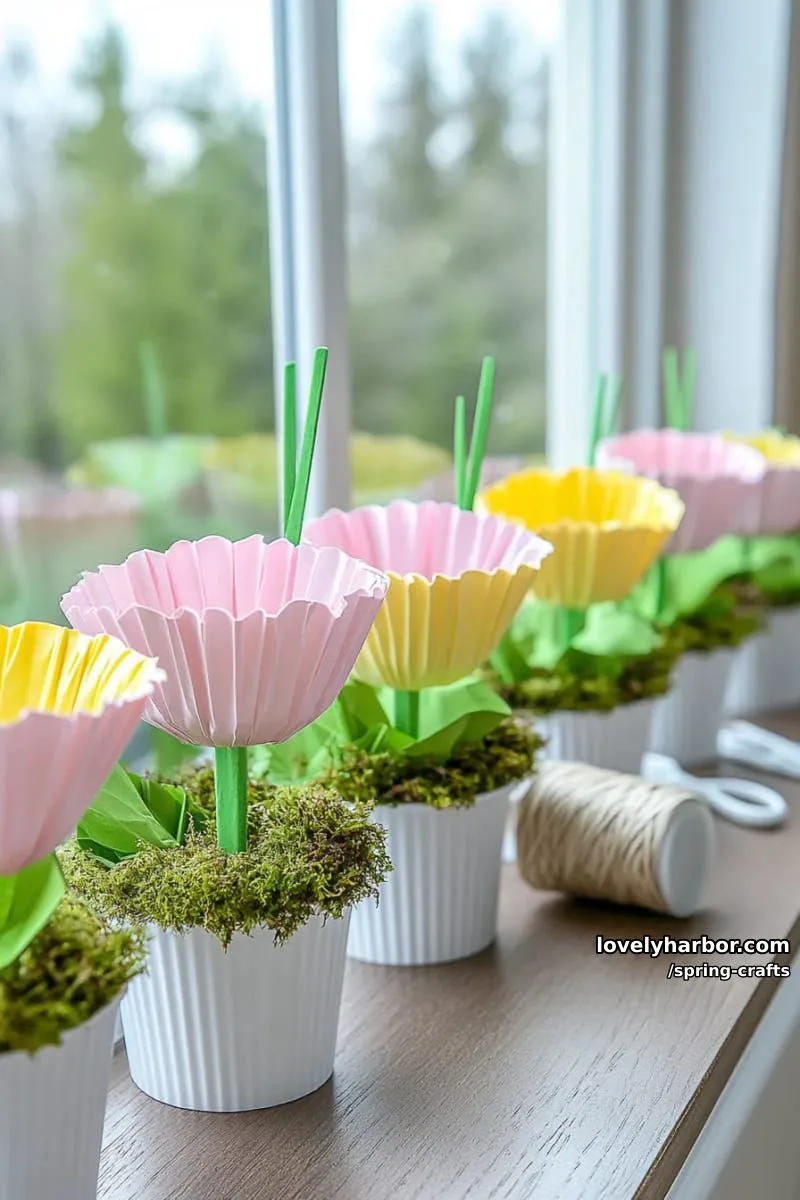 layered cupcake liner flowers on green popsicle stick stems for windowsills 1
