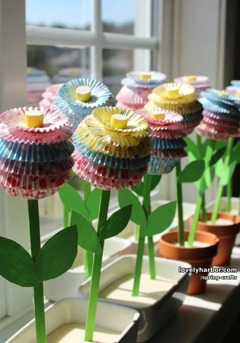layered cupcake liner flowers on green popsicle stick stems for windowsills 1
