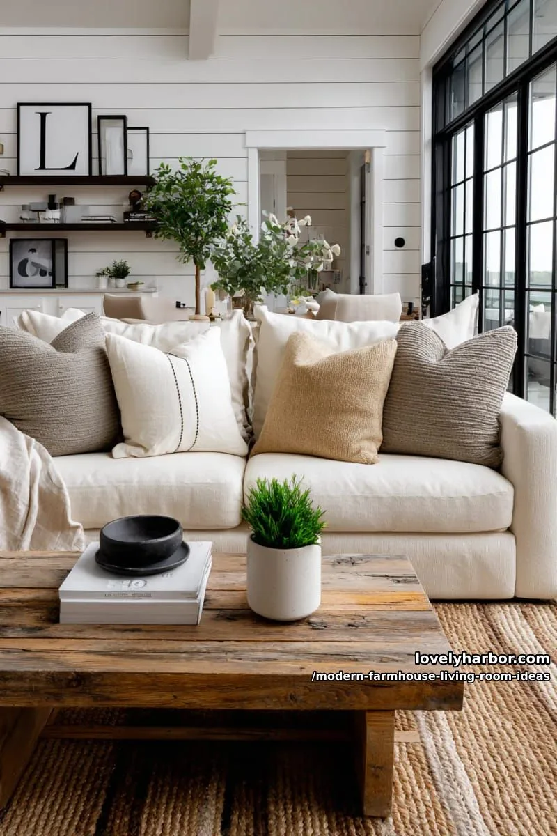 15 Modern Farmhouse Living Room Ideas for a Fresh Atmosphere 10 layered jute rugs and neutral-toned pillows for rustic-modern texture 1