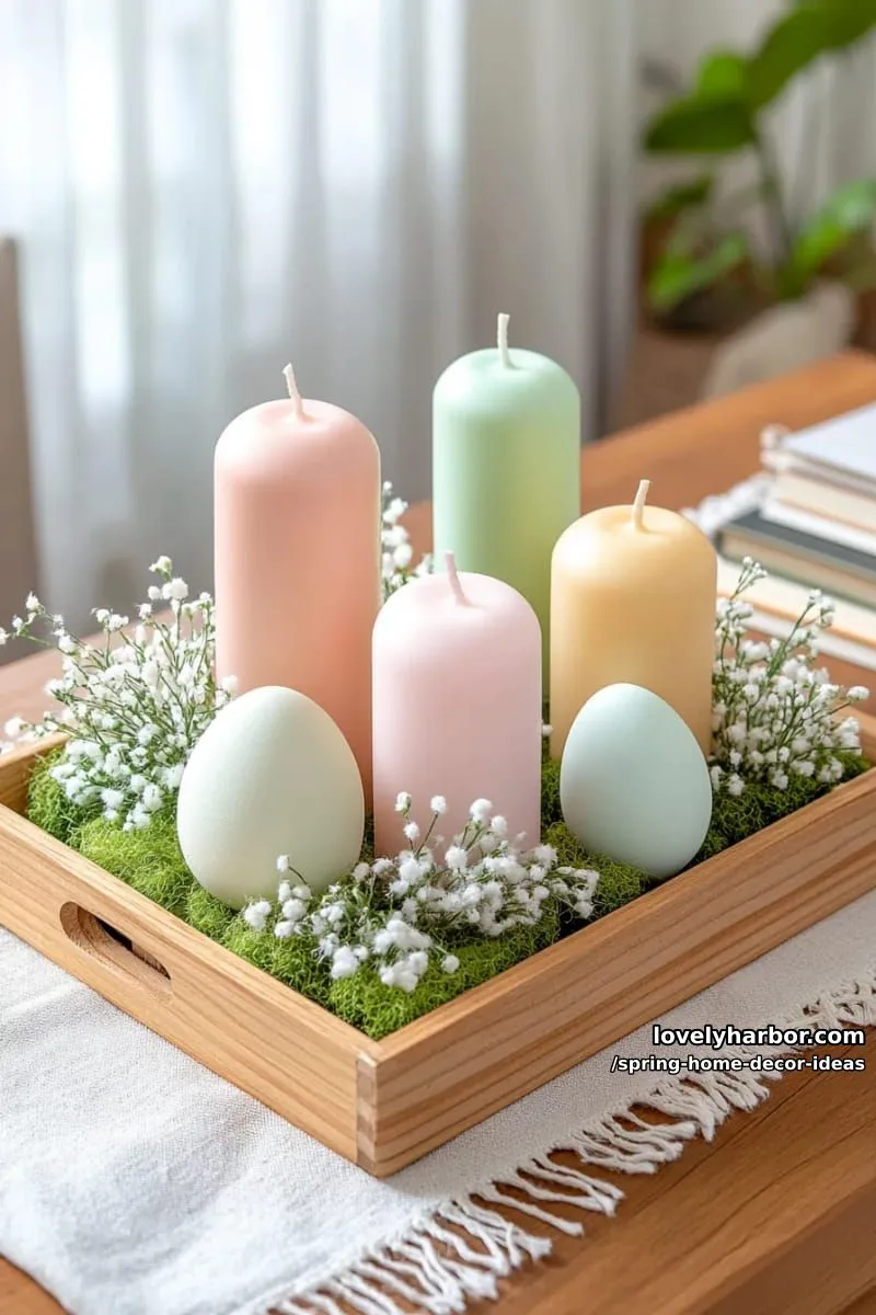27 Gorgeous Spring Decor Ideas to Brighten Your Home 6 layered pastel candles and moss accents on a wooden tray for coffee table charm 1