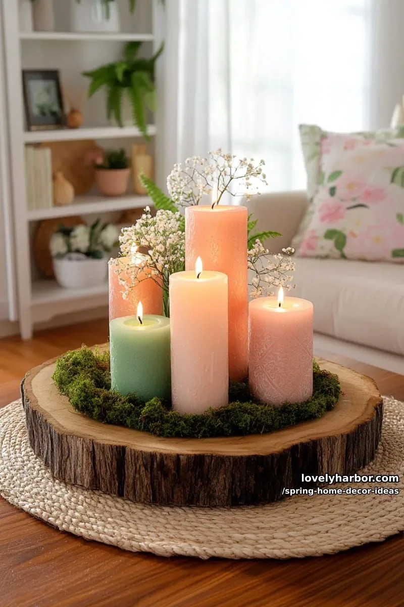 27 Gorgeous Spring Decor Ideas to Brighten Your Home 7 layered pastel candles and moss accents on a wooden tray for coffee table charm 1