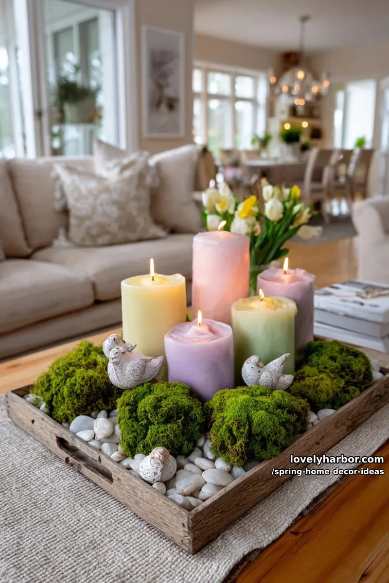 27 Gorgeous Spring Decor Ideas to Brighten Your Home 8 layered pastel candles and moss accents on a wooden tray for coffee table charm 1
