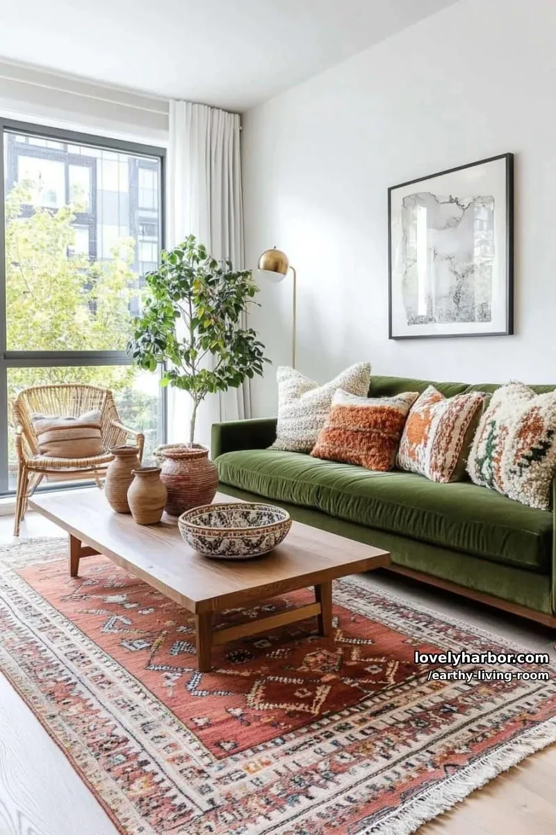 Bring Nature Indoors: 15 Earthy Living Room Designs to Inspire 13 layered persian rugs in burnt orange, ochre, and sage green tones 1