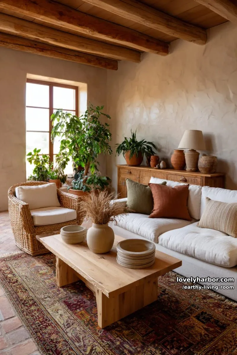 Bring Nature Indoors: 15 Earthy Living Room Designs to Inspire 14 layered persian rugs in burnt orange, ochre, and sage green tones 1