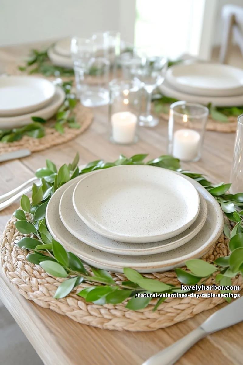 15 Natural Valentine’s Day Table Settings Perfect for a Romantic Table for Two 53 layered stoneware dishes with simple greenery garlands around the plates 1