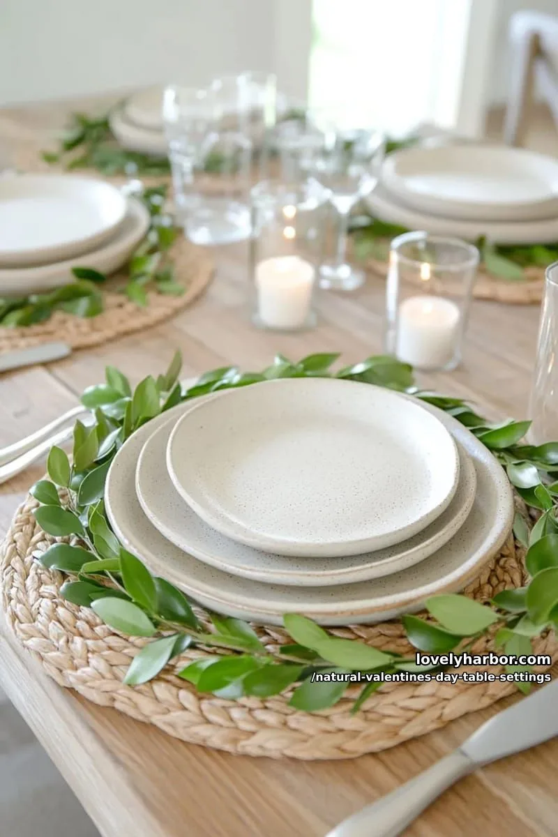 15 Natural Valentine’s Day Table Settings Perfect for a Romantic Table for Two 52 layered stoneware dishes with simple greenery garlands around the plates 1