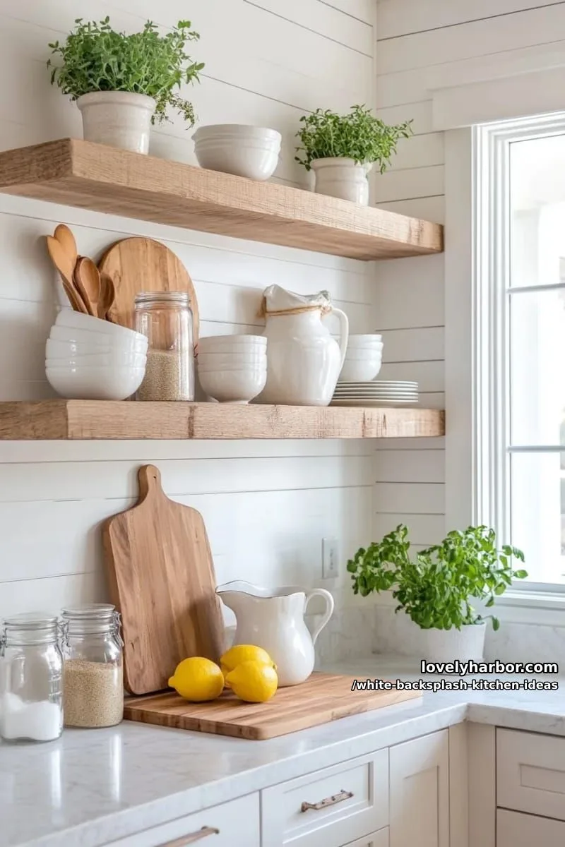 15 Elegant White Backsplash Ideas for Your Kitchen 23 layered white shiplap panels for textural interest behind open shelving 1