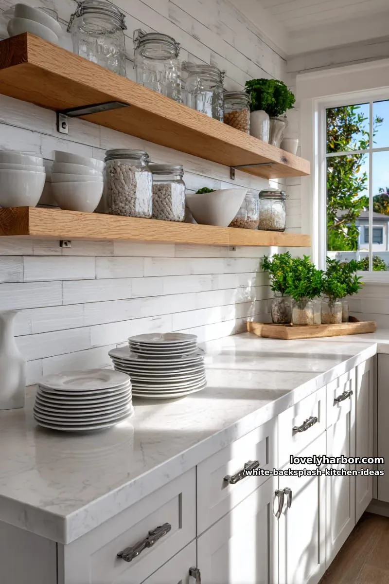 15 Elegant White Backsplash Ideas for Your Kitchen 24 layered white shiplap panels for textural interest behind open shelving 1