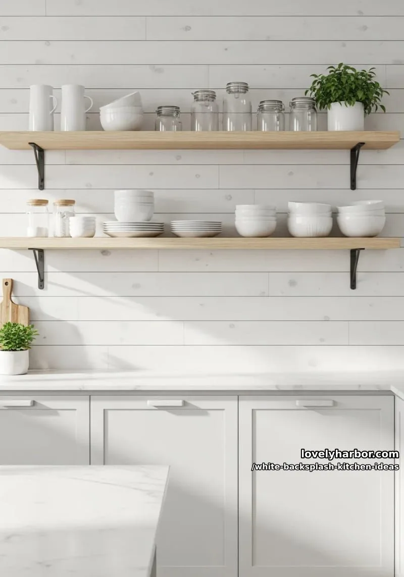 15 Elegant White Backsplash Ideas for Your Kitchen 25 layered white shiplap panels for textural interest behind open shelving 1