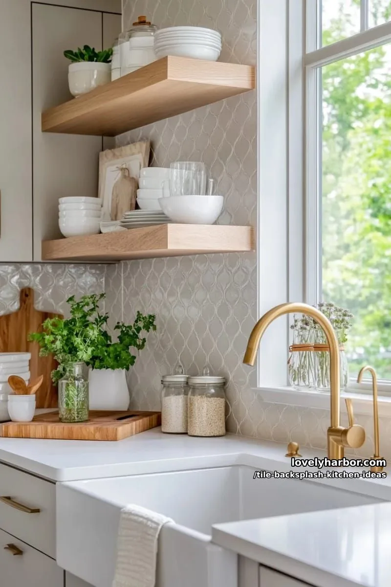 15 Tile Backsplash Ideas for a Stylish Kitchen 29 light grey geometric textured tiles paired with brushed brass fixtures 1