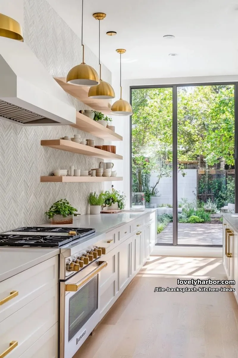 15 Tile Backsplash Ideas for a Stylish Kitchen 30 light grey geometric textured tiles paired with brushed brass fixtures 1