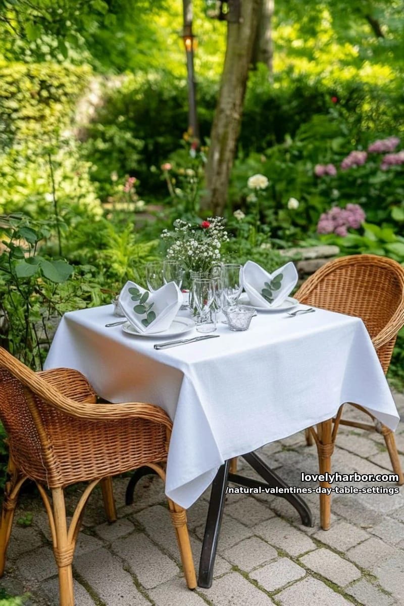 15 Natural Valentine’s Day Table Settings Perfect for a Romantic Table for Two 11 linen napkins folded into heart shapes with eucalyptus sprigs for décor 1