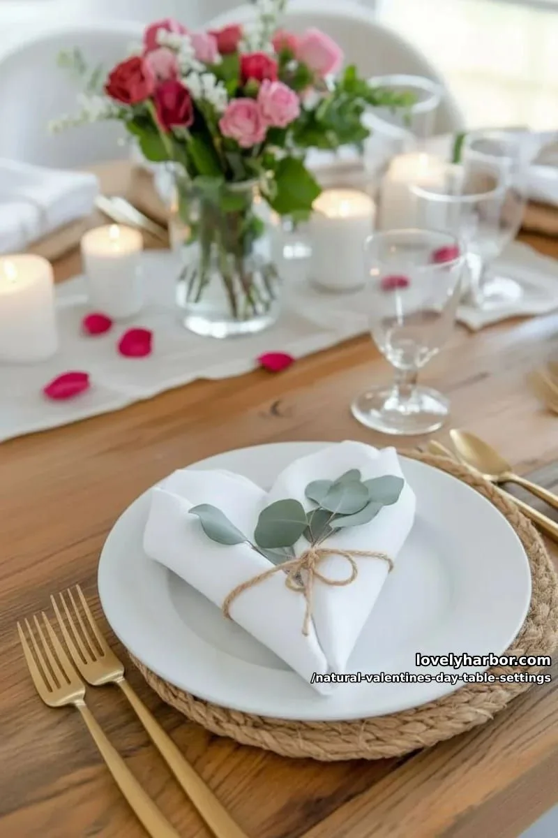 15 Natural Valentine’s Day Table Settings Perfect for a Romantic Table for Two 11 linen napkins folded into heart shapes with eucalyptus sprigs for décor 1
