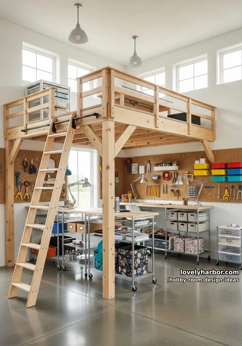 15 Inspiring Hobby Room Design Ideas You’ll Love 12 lofted workspace with rolling carts underneath for flexible storage solutions 1