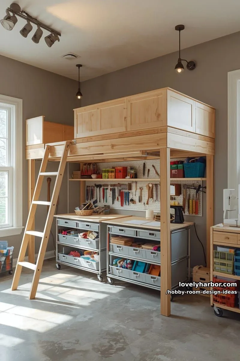 15 Inspiring Hobby Room Design Ideas You’ll Love 13 lofted workspace with rolling carts underneath for flexible storage solutions 1