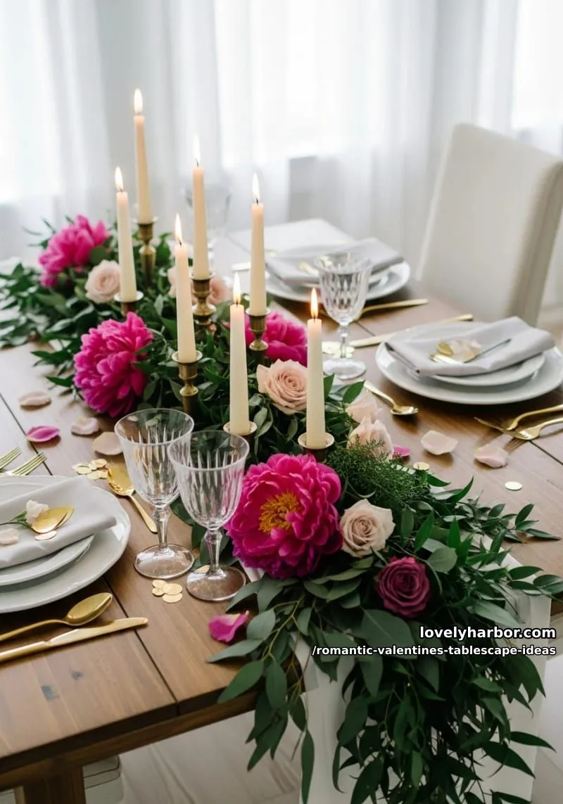 lush greenery garland with deep pink peonies and soft candle glow 1