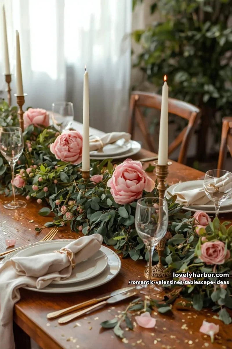 lush greenery garland with deep pink peonies and soft candle glow 1