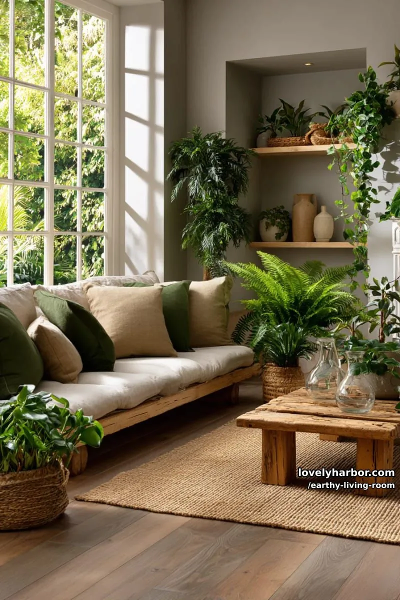 Bring Nature Indoors: 15 Earthy Living Room Designs to Inspire 11 lush indoor jungle corner with oversized ferns and trailing pothos plants 1