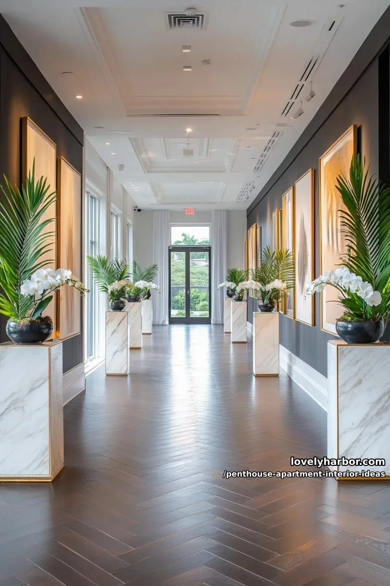 29 Stunning Penthouse Apartment Interior Design Ideas for a Fresh New Look 54 luxe gold-framed art gallery lining a dramatic corridor 1